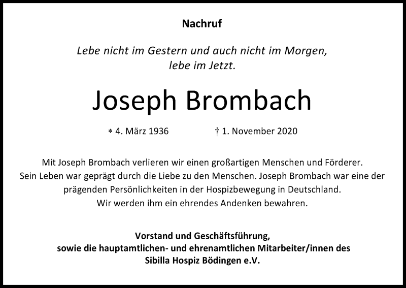  Traueranzeige für Joseph Brombach vom 07.11.2020 aus Kölner Stadt-Anzeiger / Kölnische Rundschau / Express