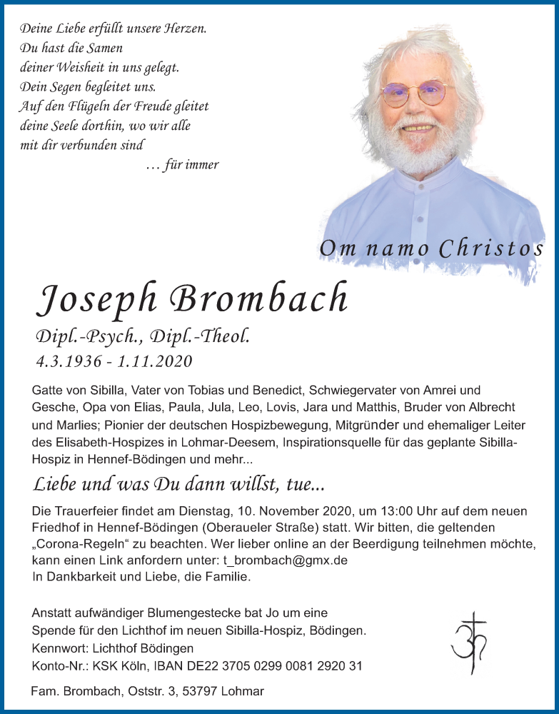  Traueranzeige für Joseph Brombach vom 07.11.2020 aus Kölner Stadt-Anzeiger / Kölnische Rundschau / Express