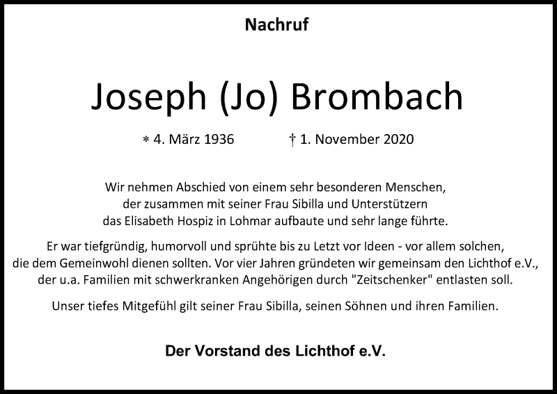  Traueranzeige für Joseph Brombach vom 10.11.2020 aus Kölner Stadt-Anzeiger / Kölnische Rundschau / Express