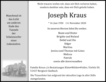 Anzeige von Joseph Kraus von Kölner Stadt-Anzeiger / Kölnische Rundschau / Express