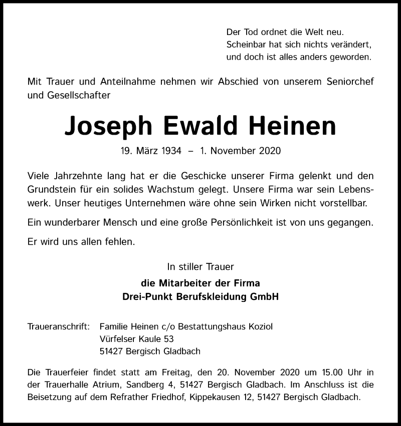  Traueranzeige für Joseph Ewald Heinen vom 07.11.2020 aus Kölner Stadt-Anzeiger / Kölnische Rundschau / Express