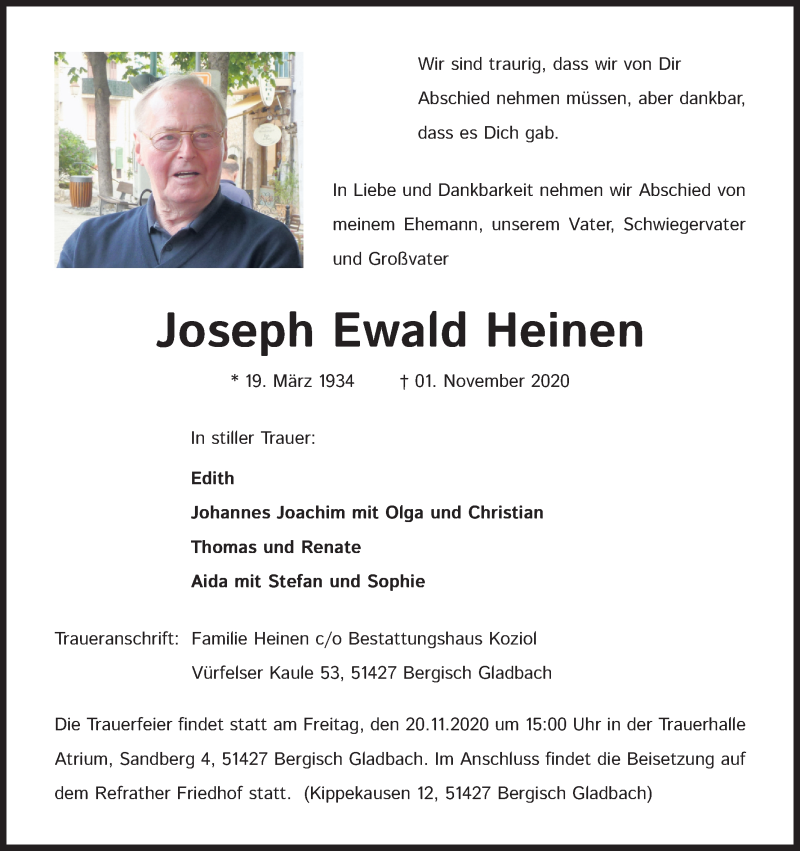  Traueranzeige für Joseph Ewald Heinen vom 07.11.2020 aus Kölner Stadt-Anzeiger / Kölnische Rundschau / Express