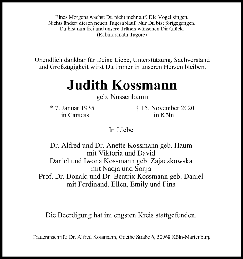  Traueranzeige für Judith Kossmann vom 21.11.2020 aus Kölner Stadt-Anzeiger / Kölnische Rundschau / Express