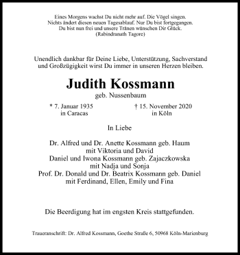 Anzeige von Judith Kossmann von Kölner Stadt-Anzeiger / Kölnische Rundschau / Express