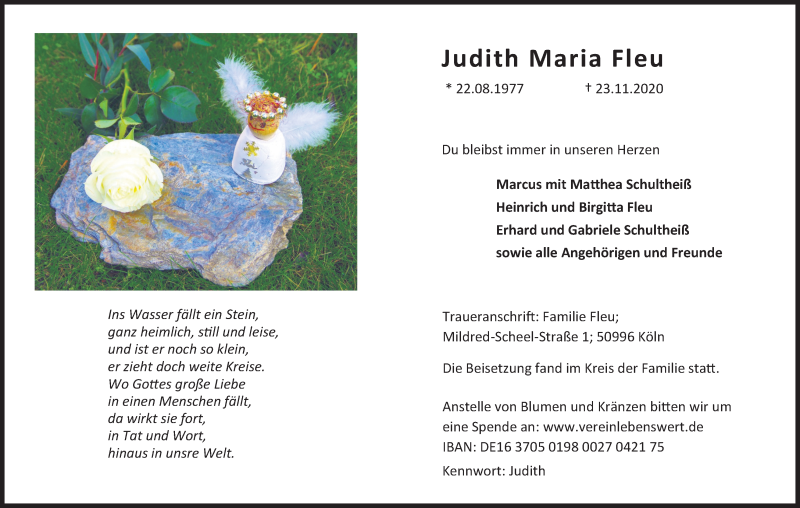  Traueranzeige für Judith Maria Fleu vom 28.11.2020 aus Kölner Stadt-Anzeiger / Kölnische Rundschau / Express