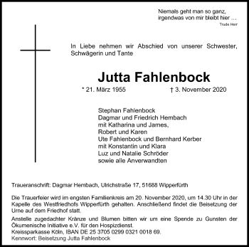 Anzeige von Jutta Fahlenbock von Kölner Stadt-Anzeiger / Kölnische Rundschau / Express