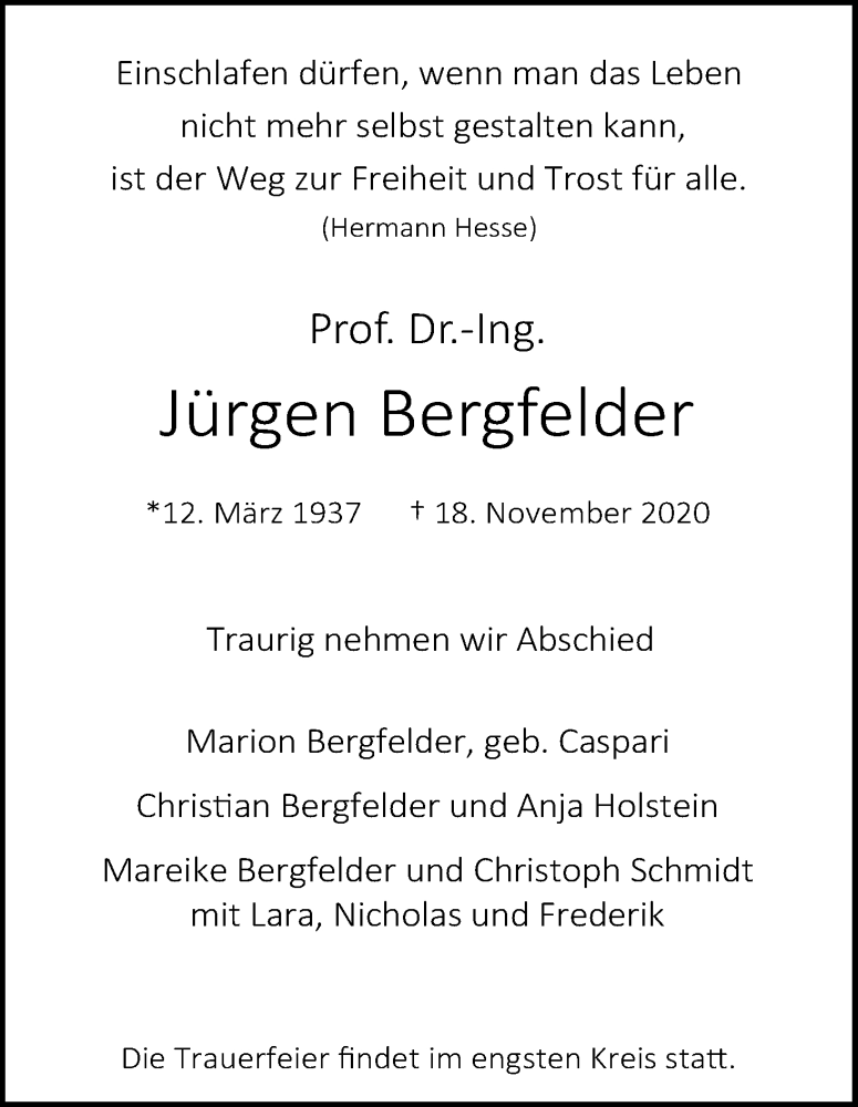  Traueranzeige für Jürgen Bergfelder vom 28.11.2020 aus Kölner Stadt-Anzeiger / Kölnische Rundschau / Express