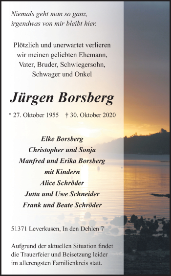 Anzeige von Jürgen Borsberg von Kölner Stadt-Anzeiger / Kölnische Rundschau / Express