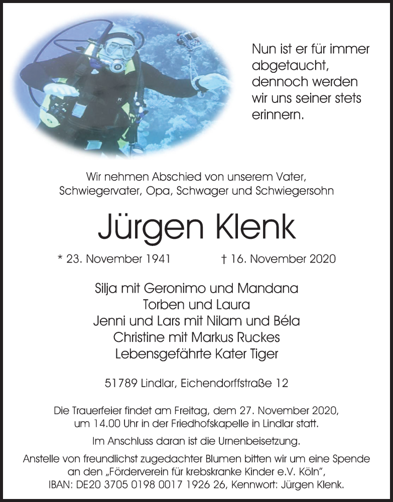  Traueranzeige für Jürgen Klenk vom 21.11.2020 aus Kölner Stadt-Anzeiger / Kölnische Rundschau / Express