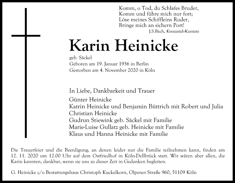  Traueranzeige für Karin Heinicke vom 07.11.2020 aus Kölner Stadt-Anzeiger / Kölnische Rundschau / Express