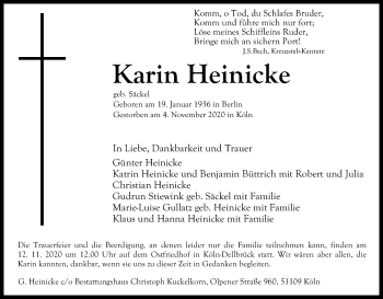 Anzeige von Karin Heinicke von Kölner Stadt-Anzeiger / Kölnische Rundschau / Express