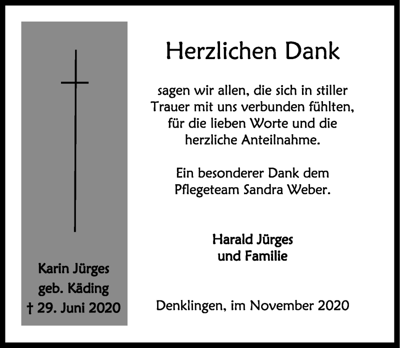  Traueranzeige für Karin Jürgens vom 06.11.2020 aus  Lokalanzeiger 