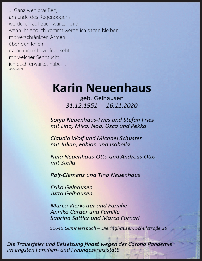  Traueranzeige für Karin Neuenhaus vom 28.11.2020 aus Kölner Stadt-Anzeiger / Kölnische Rundschau / Express