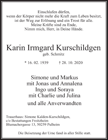 Anzeige von Karin Irmgard Kurschildgen von  Wochenende 