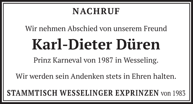  Traueranzeige für Karl-Dieter Düren vom 13.11.2020 aus  Schlossbote/Werbekurier 