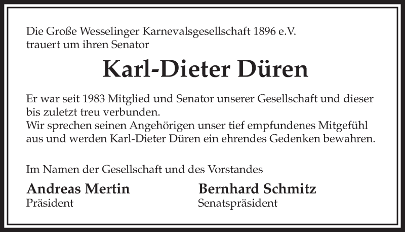  Traueranzeige für Karl-Dieter Düren vom 13.11.2020 aus  Schlossbote/Werbekurier 