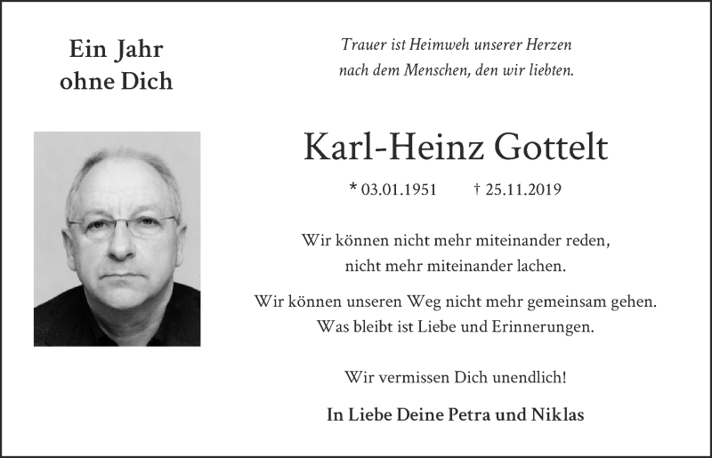  Traueranzeige für Karl-Heinz Gottelt vom 28.11.2020 aus  Blickpunkt Euskirchen 