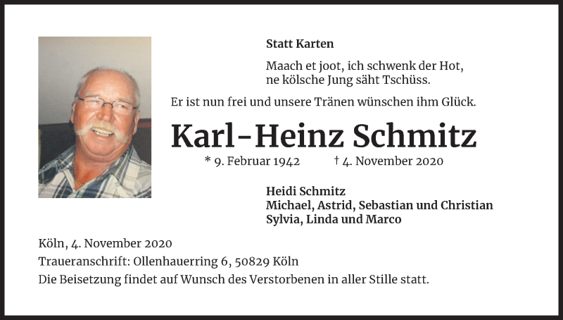  Traueranzeige für Karl-Heinz Schmitz vom 07.11.2020 aus Kölner Stadt-Anzeiger / Kölnische Rundschau / Express