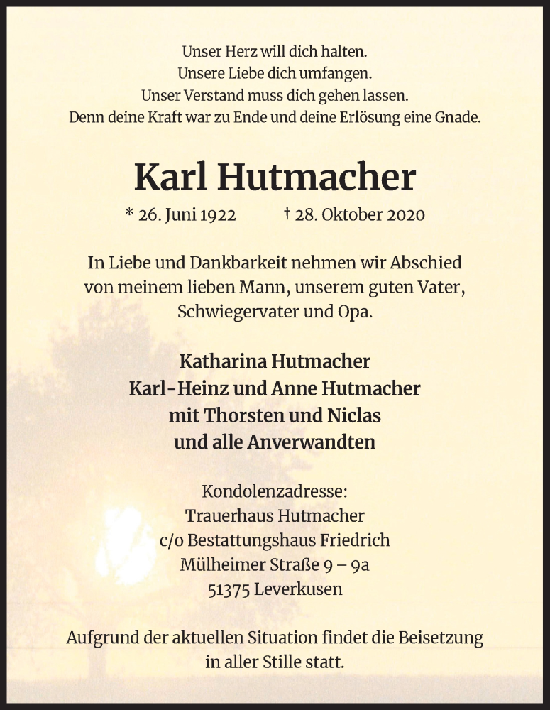  Traueranzeige für Karl Hutmacher vom 07.11.2020 aus Kölner Stadt-Anzeiger / Kölnische Rundschau / Express