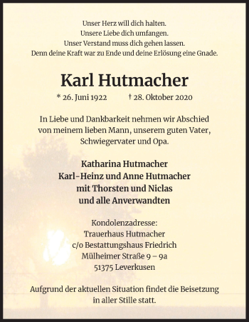 Anzeige von Karl Hutmacher von Kölner Stadt-Anzeiger / Kölnische Rundschau / Express
