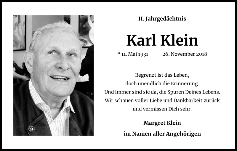  Traueranzeige für Karl Klein vom 28.11.2020 aus Kölner Stadt-Anzeiger / Kölnische Rundschau / Express