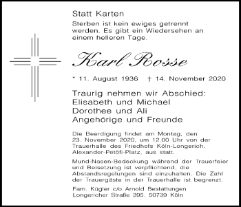 Anzeige von Karl Rosse von Kölner Stadt-Anzeiger / Kölnische Rundschau / Express