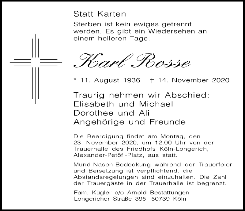  Traueranzeige für Karl Rosse vom 18.11.2020 aus Kölner Stadt-Anzeiger / Kölnische Rundschau / Express