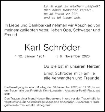 Anzeige von Karl Schröder von Kölner Stadt-Anzeiger / Kölnische Rundschau / Express