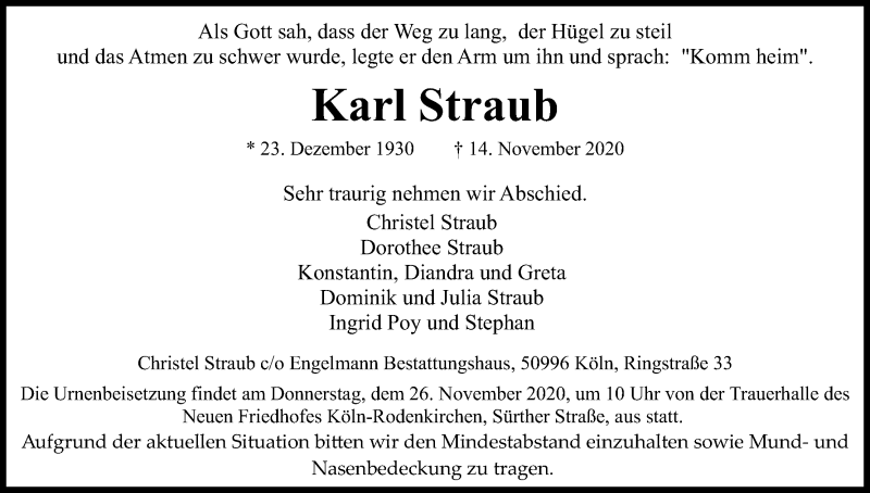 Traueranzeige für Karl Straub vom 21.11.2020 aus Kölner Stadt-Anzeiger / Kölnische Rundschau / Express