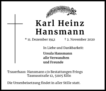 Anzeige von Karl Heinz Hansmann von Kölner Stadt-Anzeiger / Kölnische Rundschau / Express