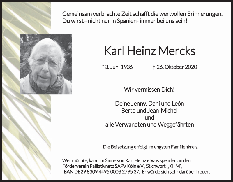  Traueranzeige für Karl Heinz Mercks vom 07.11.2020 aus Kölner Stadt-Anzeiger / Kölnische Rundschau / Express