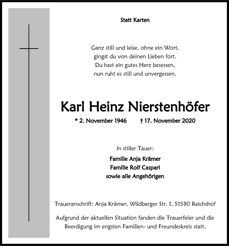  Traueranzeige für Karl Heinz Nierstenhöfer vom 27.11.2020 aus  Lokalanzeiger 
