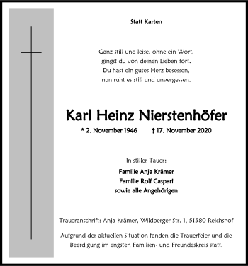 Anzeige von Karl Heinz Nierstenhöfer von  Lokalanzeiger 