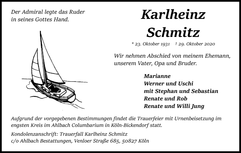  Traueranzeige für Karlheinz Schmitz vom 07.11.2020 aus Kölner Stadt-Anzeiger / Kölnische Rundschau / Express
