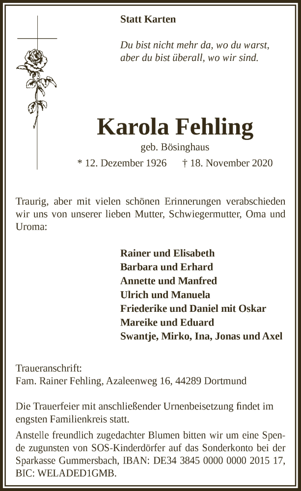  Traueranzeige für Karola Fehling vom 27.11.2020 aus  Anzeigen Echo 