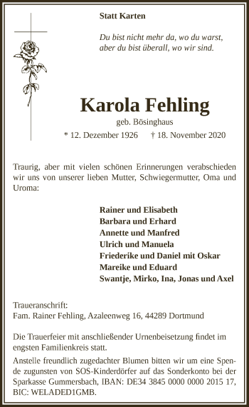 Anzeige von Karola Fehling von  Anzeigen Echo 