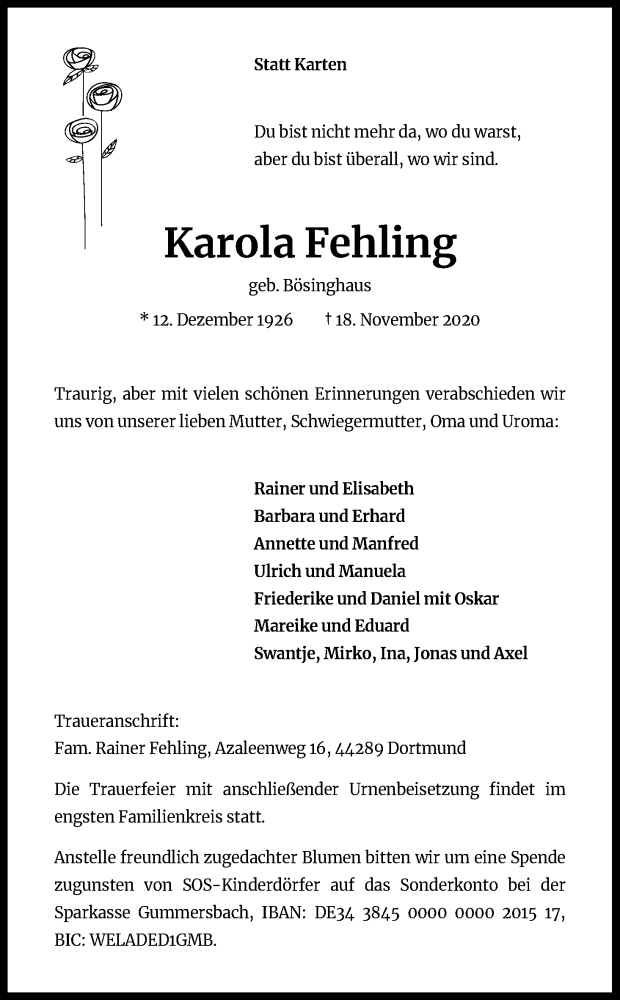  Traueranzeige für Karola Fehling vom 28.11.2020 aus Kölner Stadt-Anzeiger / Kölnische Rundschau / Express