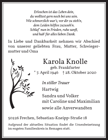 Anzeige von Karola Knolle von  Wochenende 