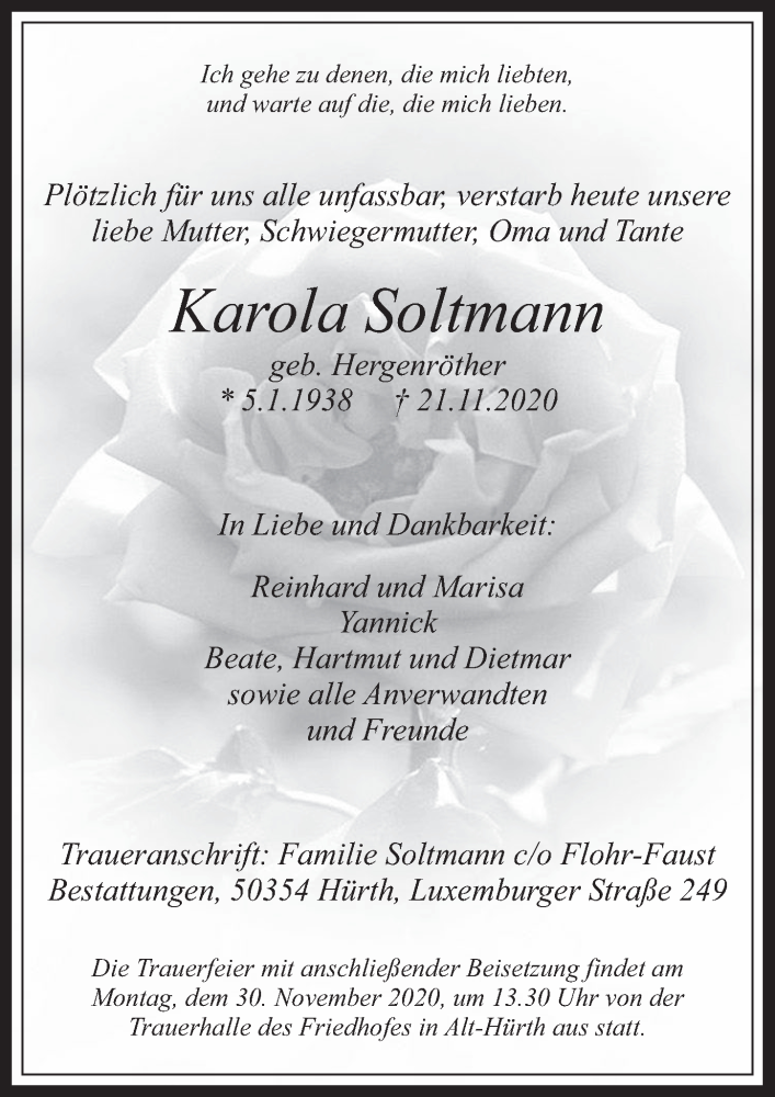  Traueranzeige für Karola Soltmann vom 27.11.2020 aus  Wochenende 