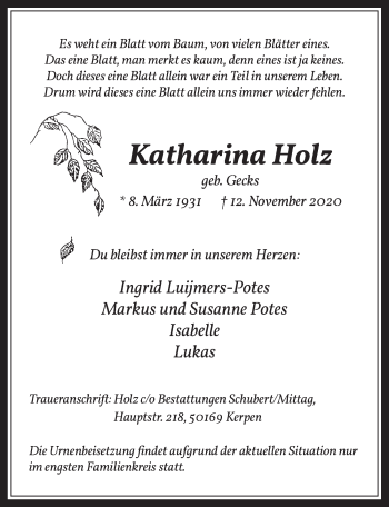 Anzeige von Katharina Holz von  Werbepost 