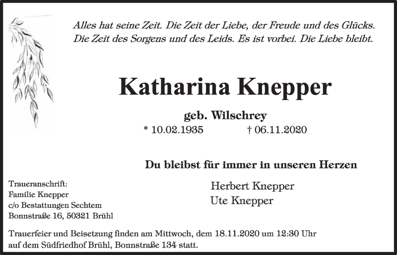  Traueranzeige für Katharina Knepper vom 13.11.2020 aus  Schlossbote/Werbekurier 