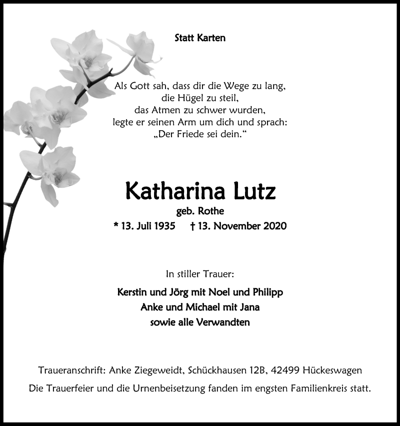  Traueranzeige für Katharina Lutz vom 28.11.2020 aus Kölner Stadt-Anzeiger / Kölnische Rundschau / Express