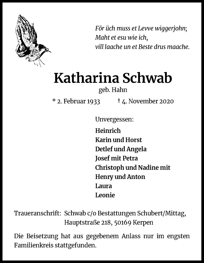  Traueranzeige für Katharina Schwab vom 21.11.2020 aus Kölner Stadt-Anzeiger / Kölnische Rundschau / Express