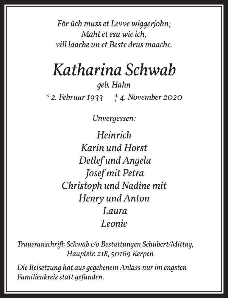  Traueranzeige für Katharina Schwab vom 27.11.2020 aus  Werbepost 