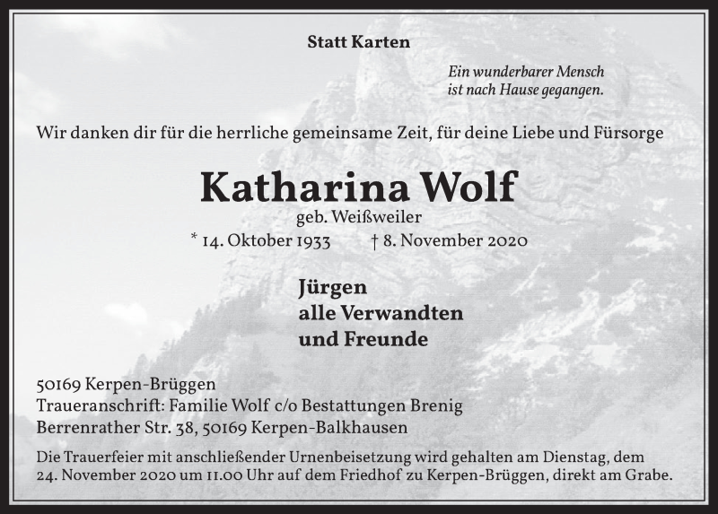  Traueranzeige für Katharina Wolf vom 20.11.2020 aus  Werbepost 