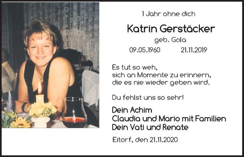  Traueranzeige für Katrin Gerstäcker vom 21.11.2020 aus Kölner Stadt-Anzeiger / Kölnische Rundschau / Express