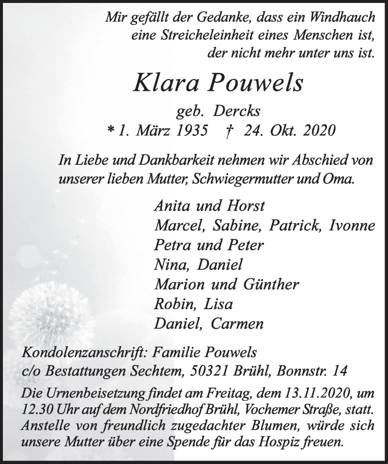 Traueranzeige für Klara Pouwels vom 06.11.2020 aus  Schlossbote/Werbekurier 