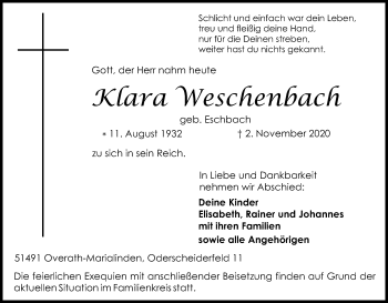 Anzeige von Klara Weschenbach von Kölner Stadt-Anzeiger / Kölnische Rundschau / Express