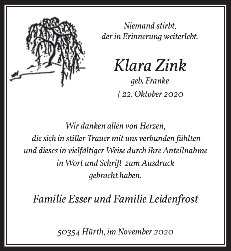  Traueranzeige für Klara Zink vom 06.11.2020 aus  Wochenende 