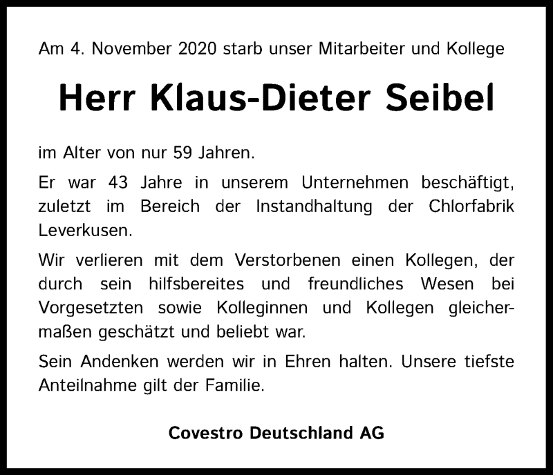  Traueranzeige für Klaus-Dieter Seibel vom 13.11.2020 aus Kölner Stadt-Anzeiger / Kölnische Rundschau / Express